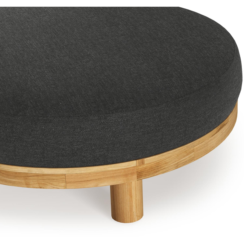 Donato lounge poef in teak en beige verticaal geweven ronde rope met all weather sunbrella® luxe Chartres Sooty kussen