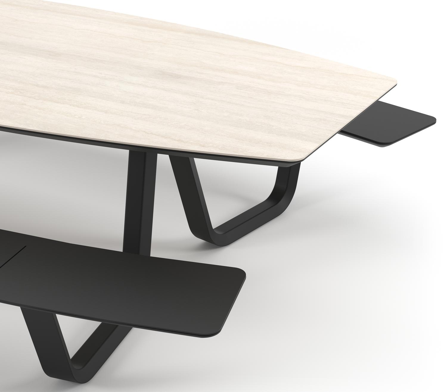 Table de pique-nique Forno forme de bateau en aluminium noir et céramique pleine Travertino Bianco - Lg. 280 x Lrg. 192 x Haut. 72 cm