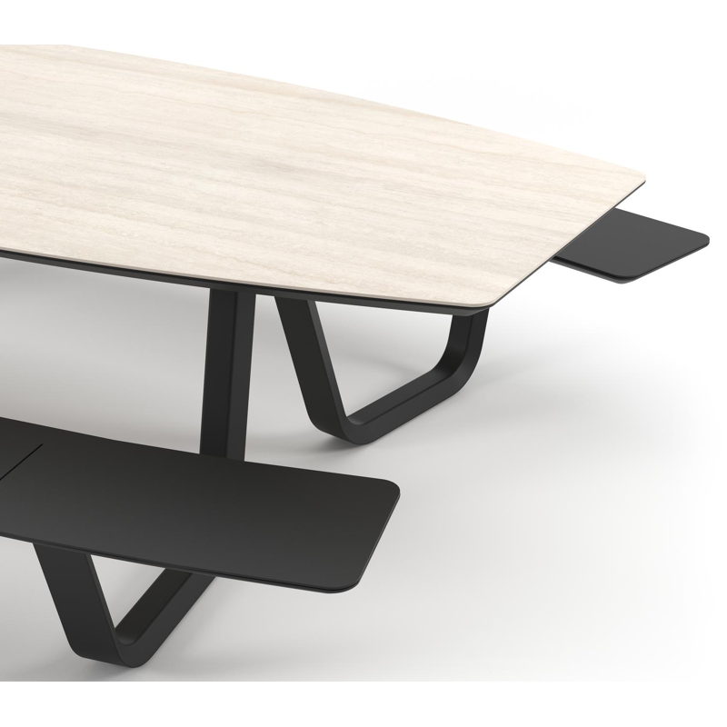 Forno picknicktafel bootvorm in zwart aluminium en volkeramiek Travertino Bianco - L 280 x B 192 x H 72 cm