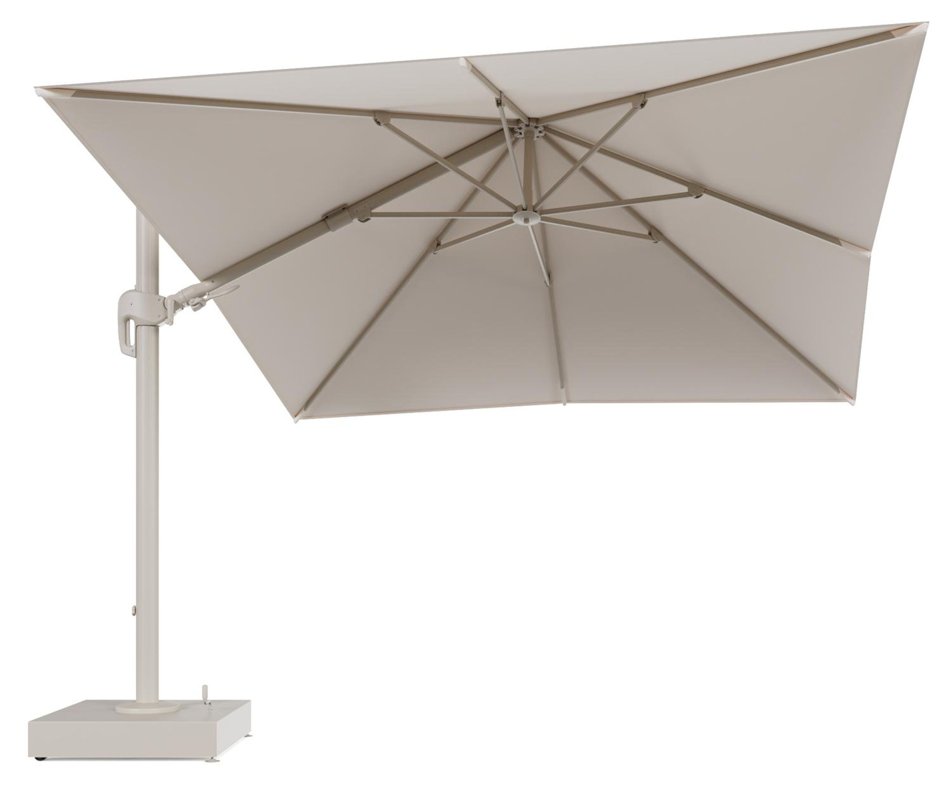 Rufina zweefparasol met tiltfunctie in beige aluminium en Natte Linen Chalk All Weather Sunbrella® Luxe parasoldoek - L1 300 x L2 300 cm met parasolvoet Minore 150 kg met wielen