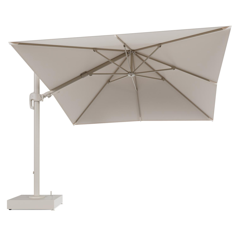 Rufina zweefparasol met tiltfunctie in beige aluminium en Natte Linen Chalk All Weather Sunbrella® Luxe parasoldoek - L1 300 x L2 300 cm met parasolvoet Minore 150 kg met wielen