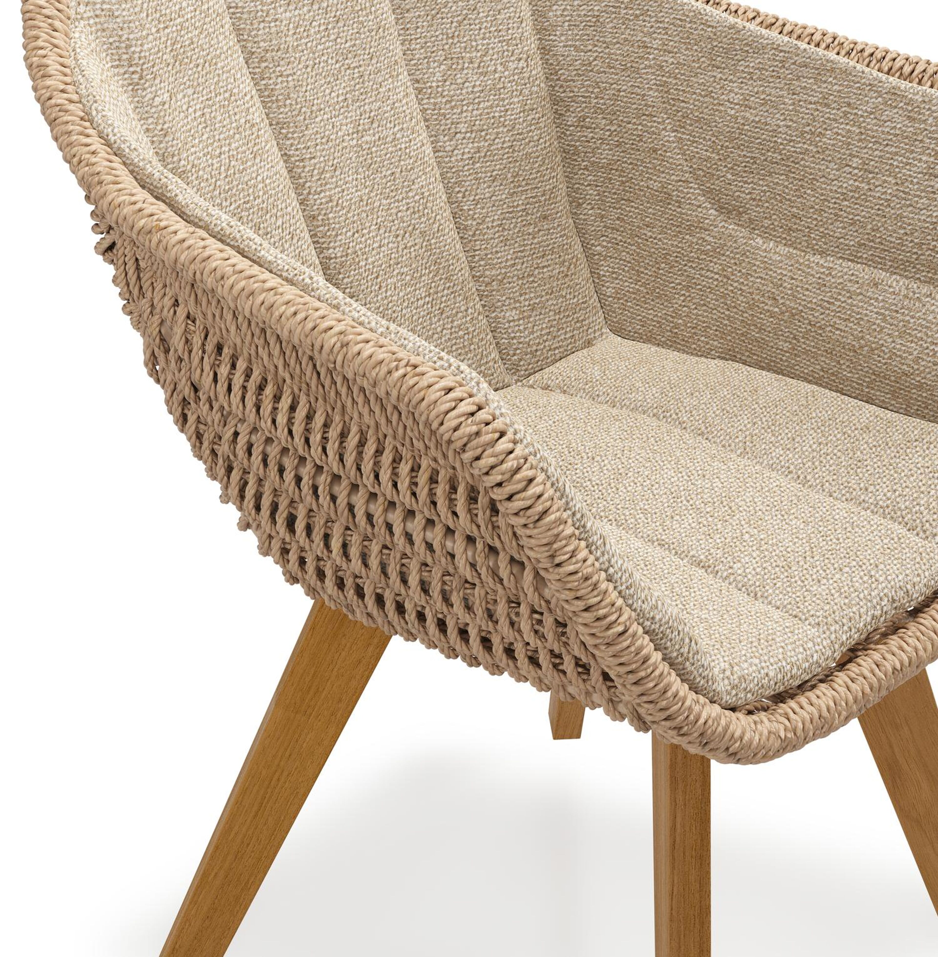 Chaise de jardin Pagino en teck et résine tressée ronde naturel avec coussin en madagascar oak all weather cosytica