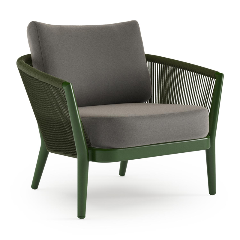 Orso loungestoel in groen aluminium en groen verticaal geweven ronde rope met Natte Dark Taupe all weather sunbrella® luxe kussen