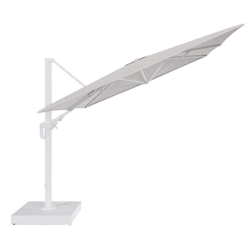 Minore zweefparasol met tiltfunctie in wit aluminium en Tundra Sand All Weather Sunbrella® Luxe parasoldoek - L1 400 x L2 300 cm met parasolvoet Minore 260 kg met wielen