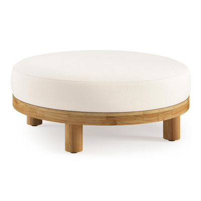 Donato lounge poef in teak en beige verticaal geweven ronde rope met all weather sunbrella® luxe Lopi Snow kussen