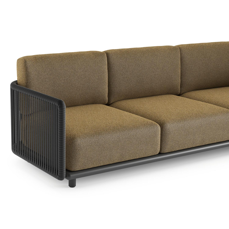 Salon de jardin Organo en aluminium noir et corde luxe plate tissée verticalement noir et coussin en all weather Cosytica madagascar walnut