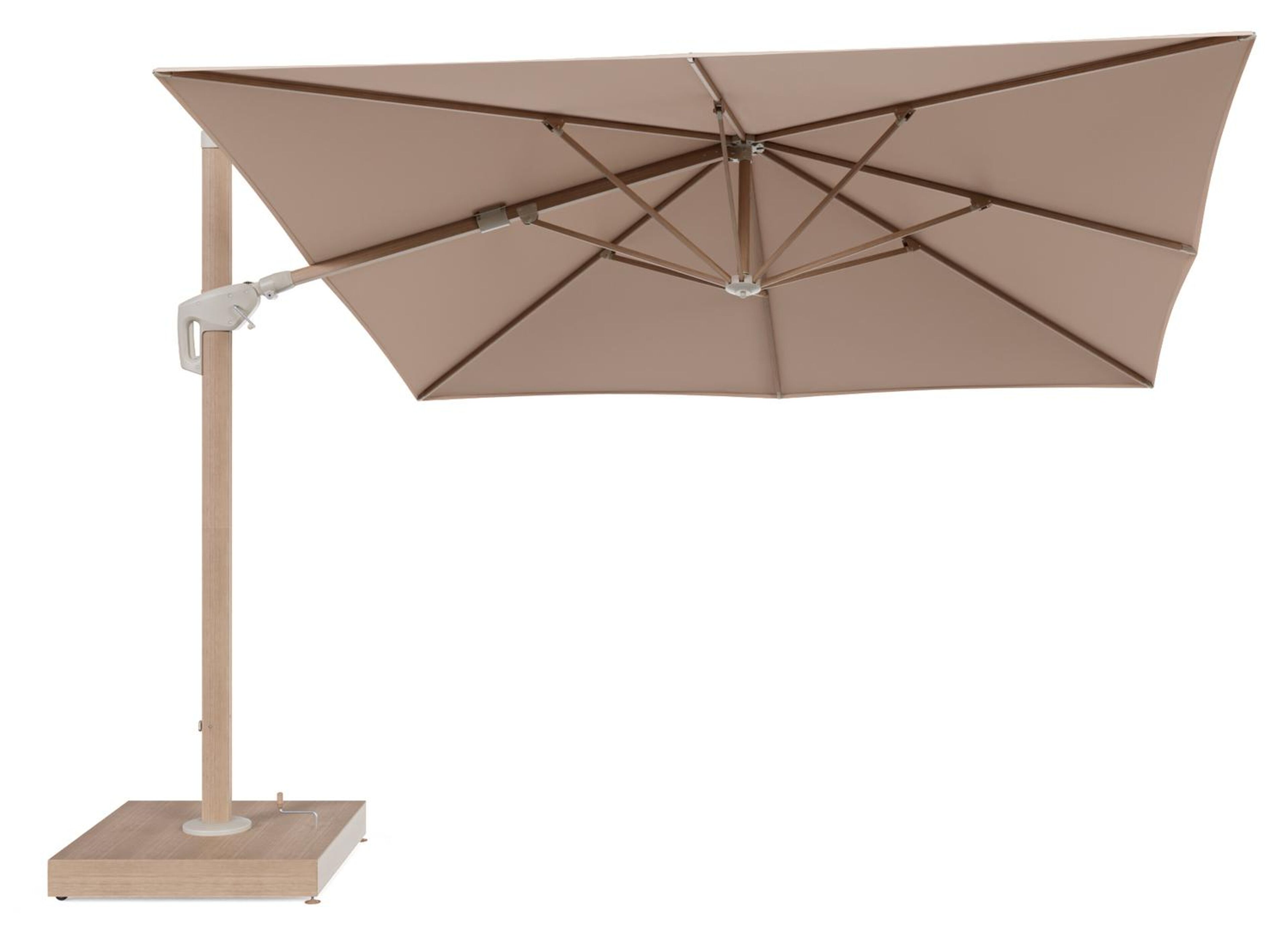 Minore zweefparasol met tiltfunctie in houtlook aluminium en Natte Linen Chalk All Weather Sunbrella® Luxe parasoldoek - L1 350 x L2 350 cm met parasolvoet Minore 260 kg met wielen