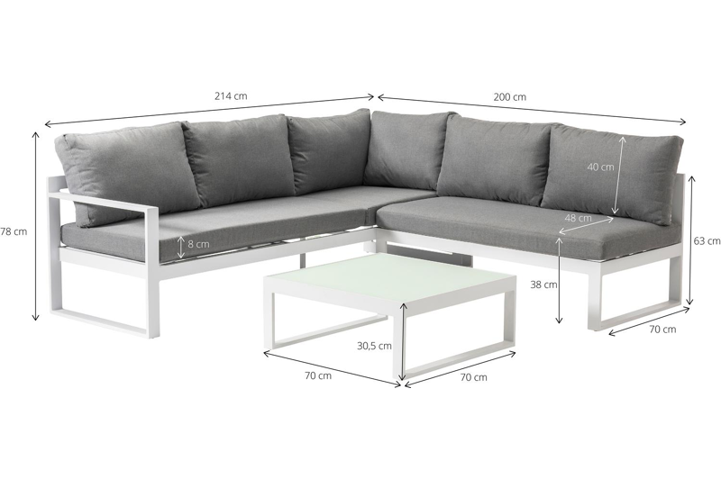 Caldela loungehoek in wit aluminium met grijs polyester kussens en loungetafel