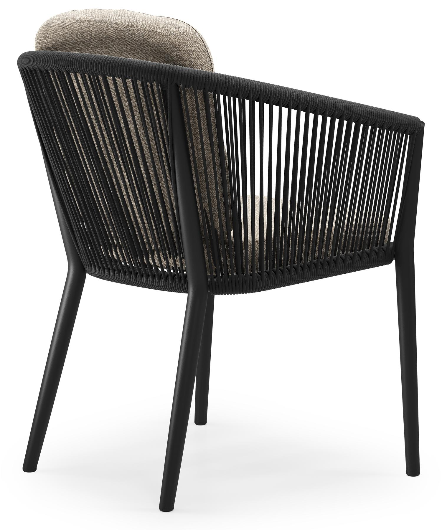 Chaise de jardin Orso en aluminium noir et corde ronde tissée verticalement noir avec coussin luxe en All Weather Sunbrella® Luxe Chartres Pewter