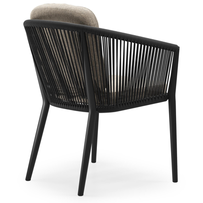 Orso tuinstoel in zwart aluminium en zwart verticaal geweven ronde rope met luxe zitkussen in All Weather Sunbrella® Luxe Chartres Pewter