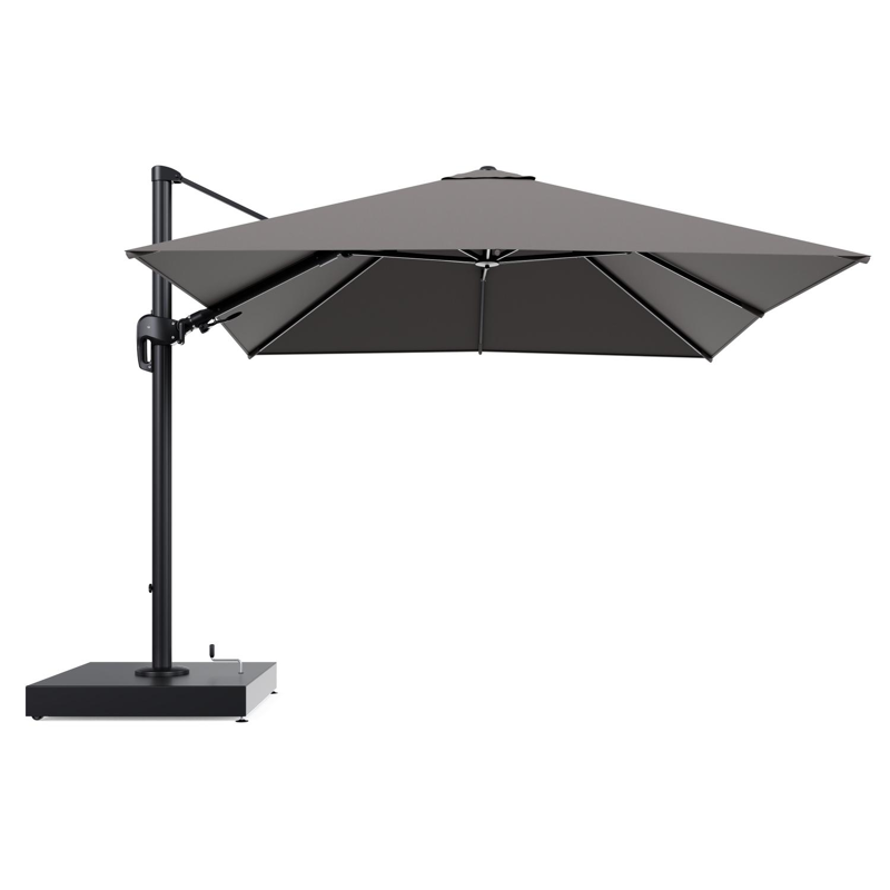 Rufina zweefparasol met tiltfunctie in zwart aluminium en Natte Nature Grey All Weather Sunbrella® Luxe parasoldoek - L1 300 x L2 300 cm met parasolvoet Minore 260 kg met wielen