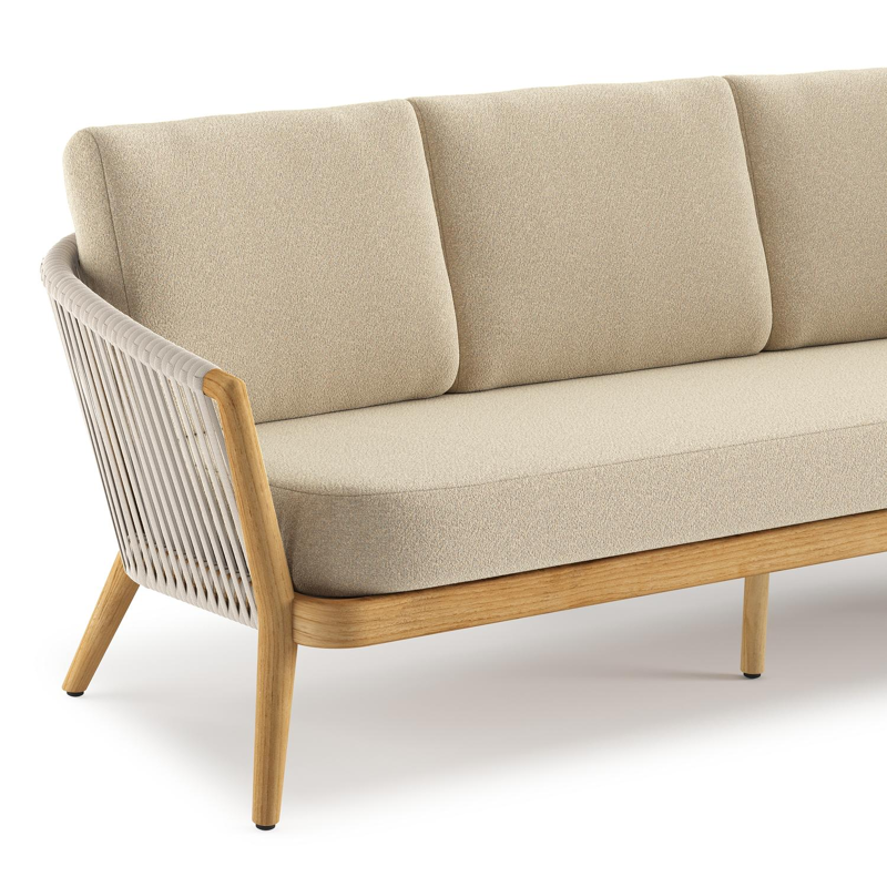 Orso loungebank in teak en beige verticaal geweven luxe vlakke rope met Soul Papyrus all weather solica kussen