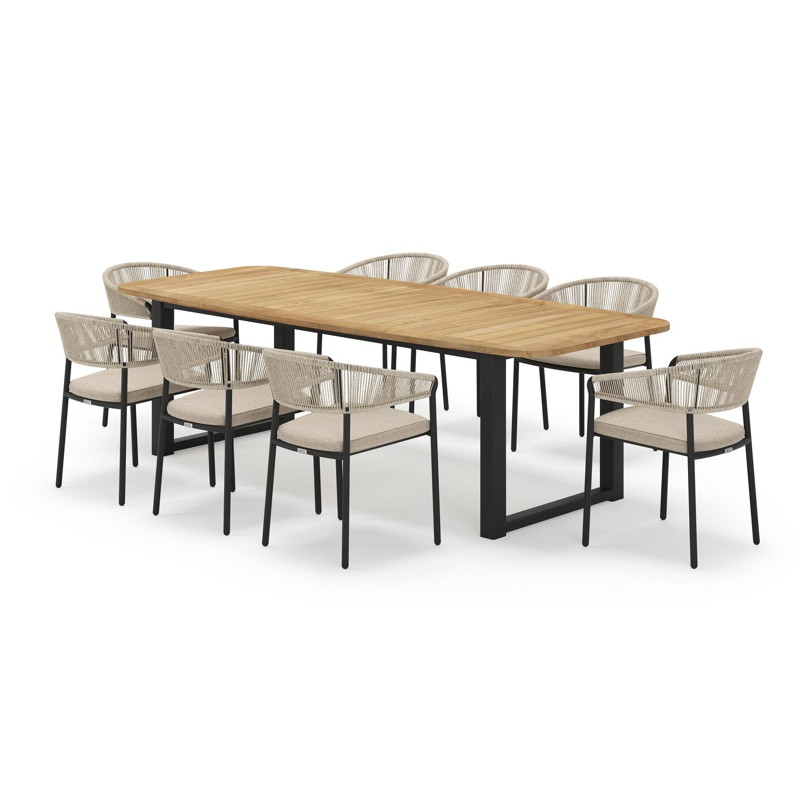 Livo bootvormige tuinset in zwart aluminium en teak natural finish met 8 Zamora tuinstoelen