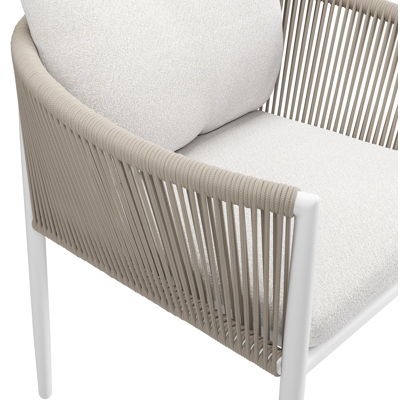 Organo tuinstoel in beige aluminium en beige verticaal geweven luxe vlakke rope met stoelkussen in All Weather Solica Soul Optik