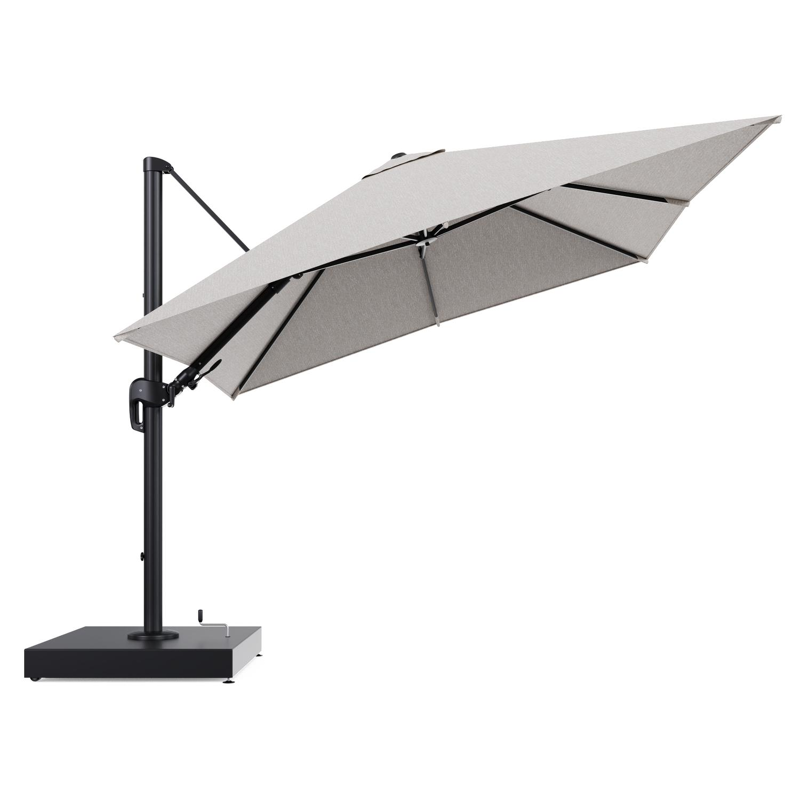 Rufina zweefparasol met tiltfunctie in zwart aluminium en Tundra Sand All Weather Sunbrella® Luxe parasoldoek - L1 300 x L2 300 cm met parasolvoet Minore 260 kg met wielen