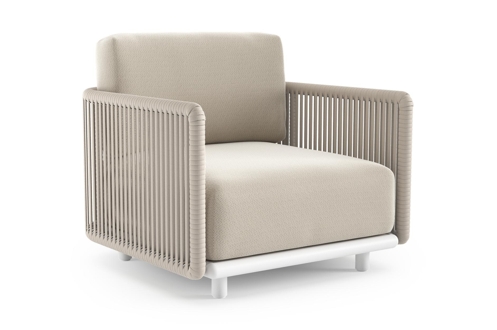 Organo loungestoel 1-zit in wit aluminium en beige verticaal geweven luxe vlakke rope met lopi marble all weather sunbrella® luxe kussen