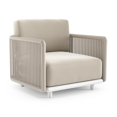 Organo loungestoel 1-zit in wit aluminium en beige verticaal geweven luxe vlakke rope met lopi marble all weather sunbrella® luxe kussen