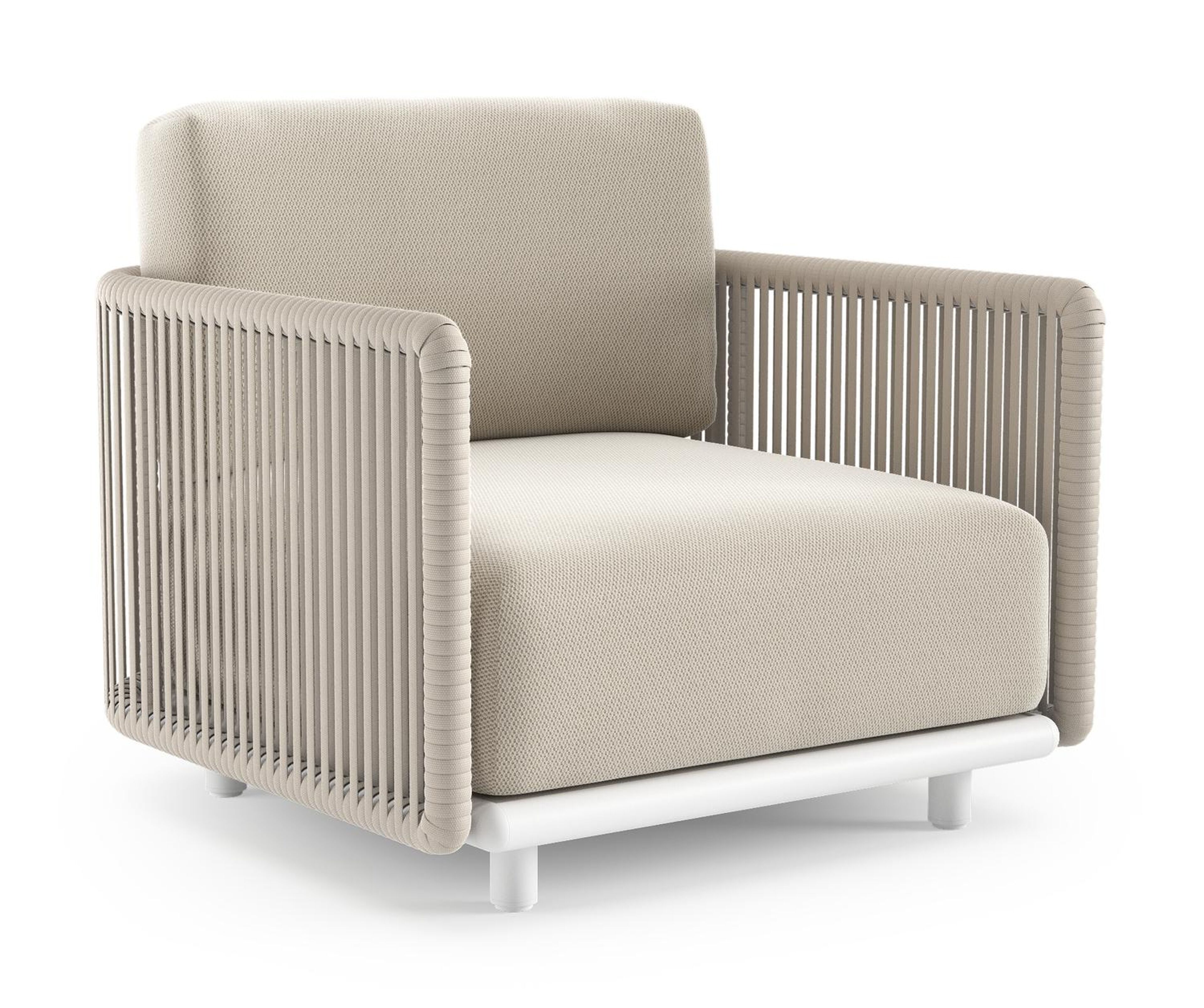 Organo loungestoel 1-zit in wit aluminium en beige verticaal geweven luxe vlakke rope met lopi marble all weather sunbrella® luxe kussen