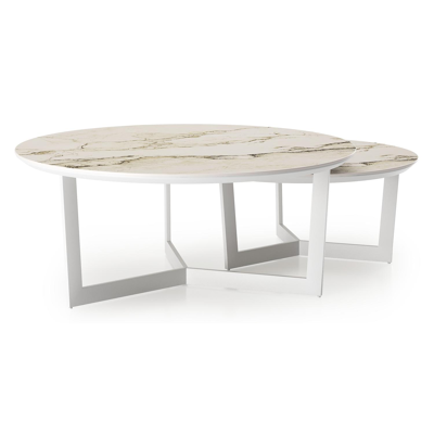 Lacrima loungetafels in wit aluminium en colorado dunes volkeramiek - Dia. 85/65 x H 35/30 cm
