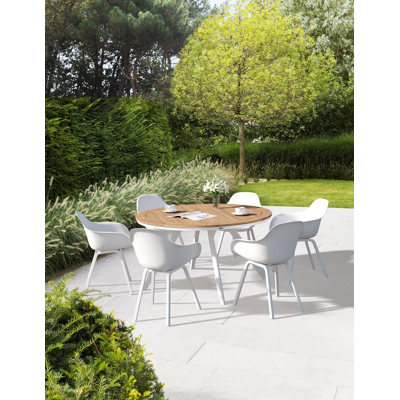 Viaro tuinset in wit aluminium en naturel teak tafelblad met 6 Puglia tuinstoelen