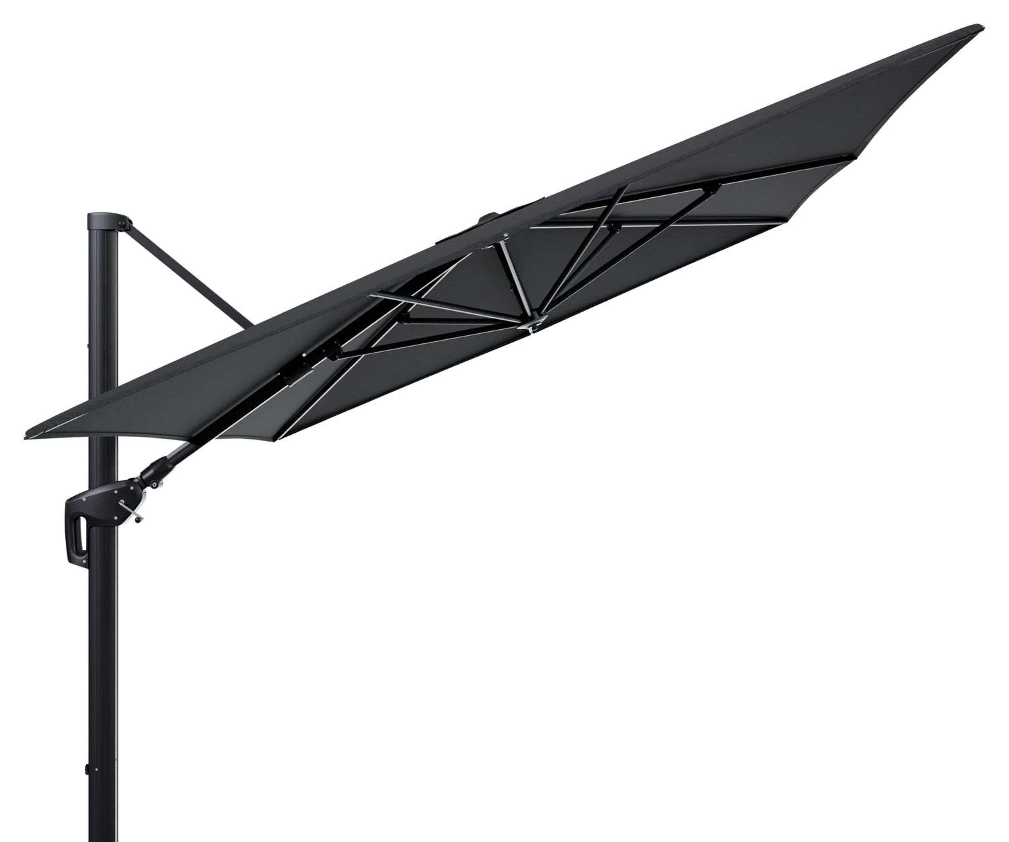 Minore zweefparasol tiltfunctie in zwart aluminium en parasoldoek in All Weather Sunbrella® Luxe Chartres Sooty  - L1 400 x L2 300 cm (zonder voet)