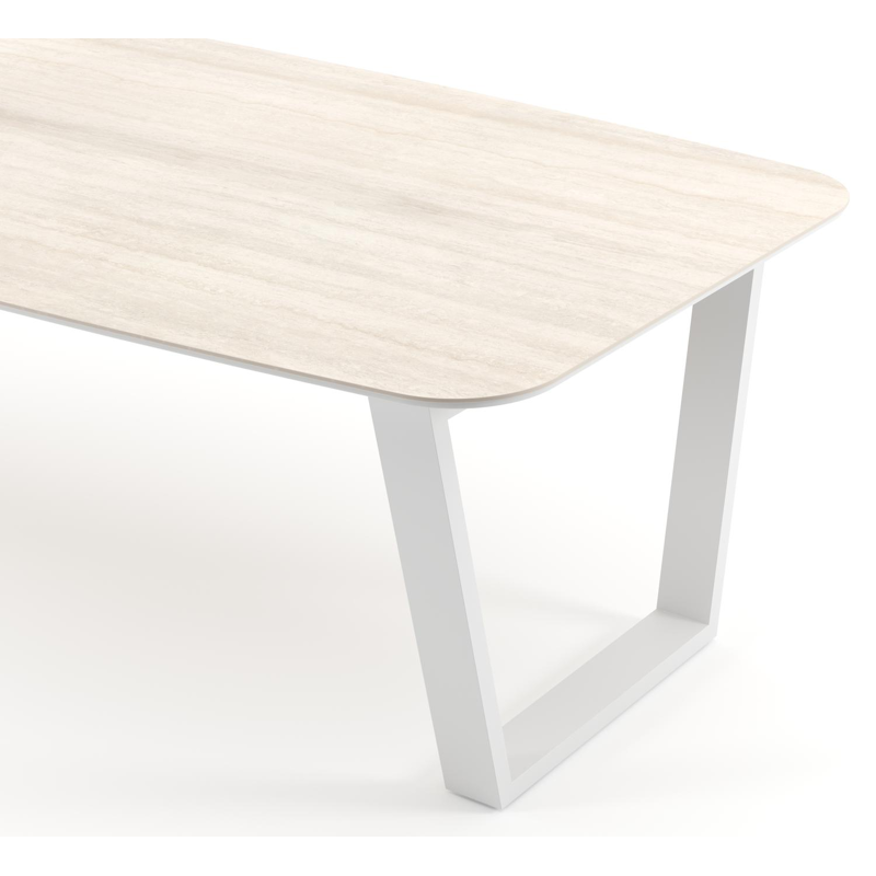 Pagino tuintafel bootvorm in wit aluminium en volkeramiek Travertino Bianco - L 255 x B 115 x H 73 cm