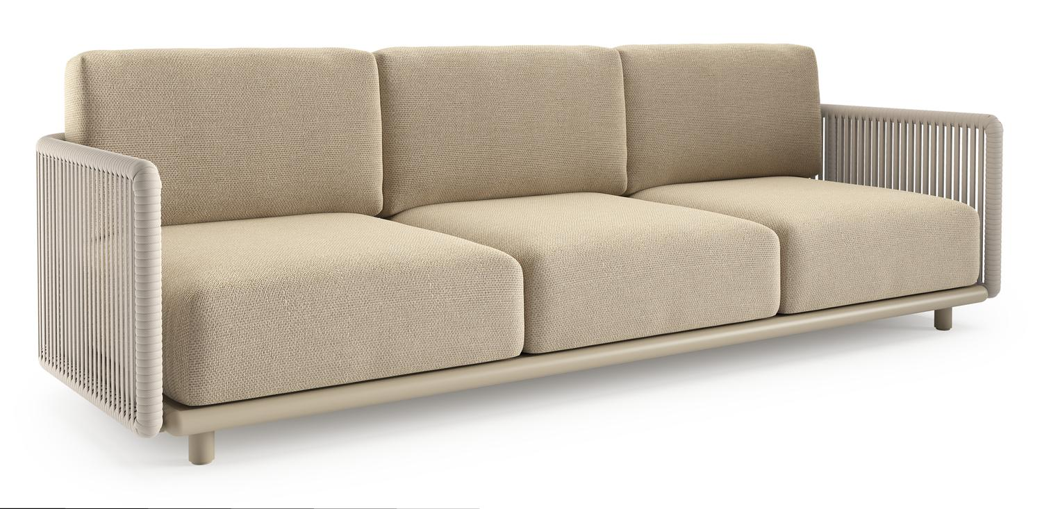 Organo loungebank in beige aluminium en beige verticaal geweven luxe vlakke rope met althea camel all weather Cosytica kussen