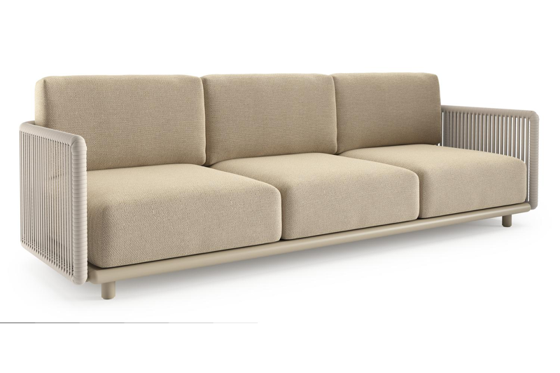 Organo loungebank in beige aluminium en beige verticaal geweven luxe vlakke rope met althea camel all weather Cosytica kussen