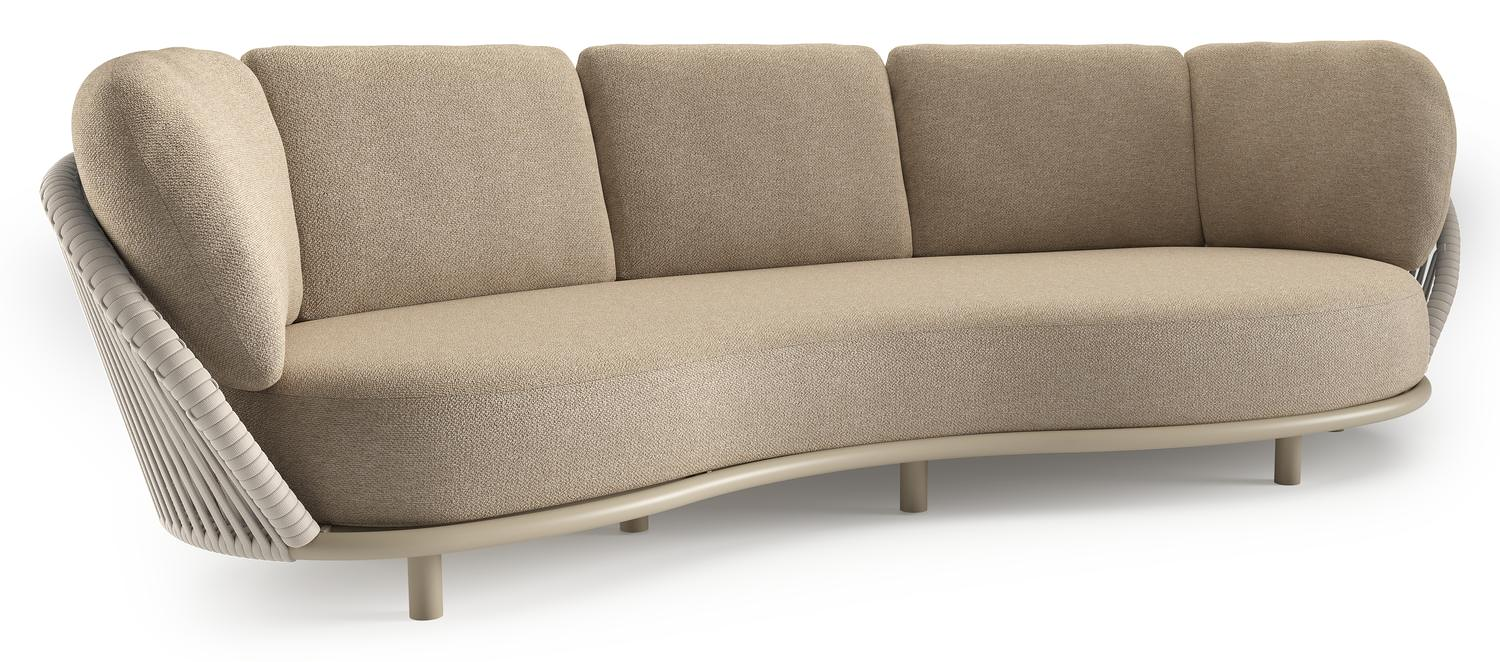 Lupino loungebank in beige aluminium en beige verticaal geweven luxe vlakke brede rope met madagascar oak all weather cosytica kussen