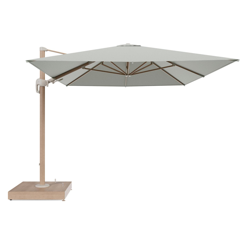 Rufina zweefparasol met tiltfunctie in houtlook aluminium en Slow Spirea All Weather Sunbrella® Luxe parasoldoek - L1 400 x L2 300 cm met parasolvoet Minore 260 kg met wielen