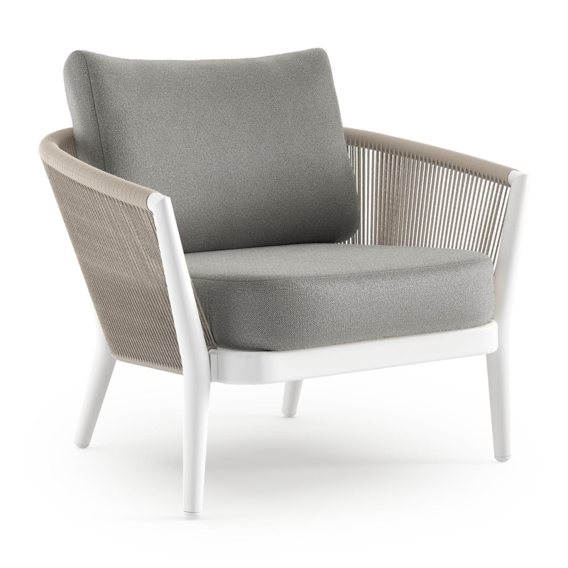 Fauteuil de jardin Orso en aluminium blanc en corde ronde tissée verticalement beige et coussins en all weather sunbrella® luxe Savane Zinc