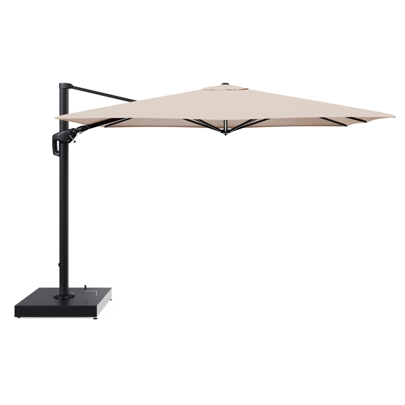 Minore zweefparasol met tiltfunctie in zwart aluminium en Natte Linen Chalk All Weather Sunbrella® Luxe parasoldoek - L1 280 x L2: 370 cm met parasolvoet Minore 260 kg met wielen