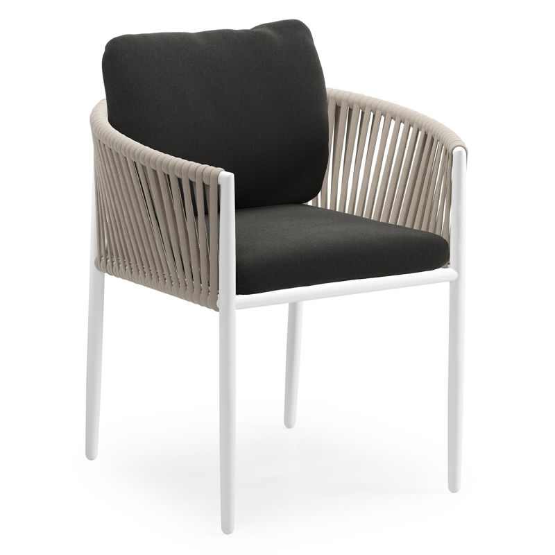 Organo tuinstoel in wit aluminium en beige verticaal geweven luxe vlakke rope met zitkussen in All Weather Sunbrella® Luxe Natte Sooty