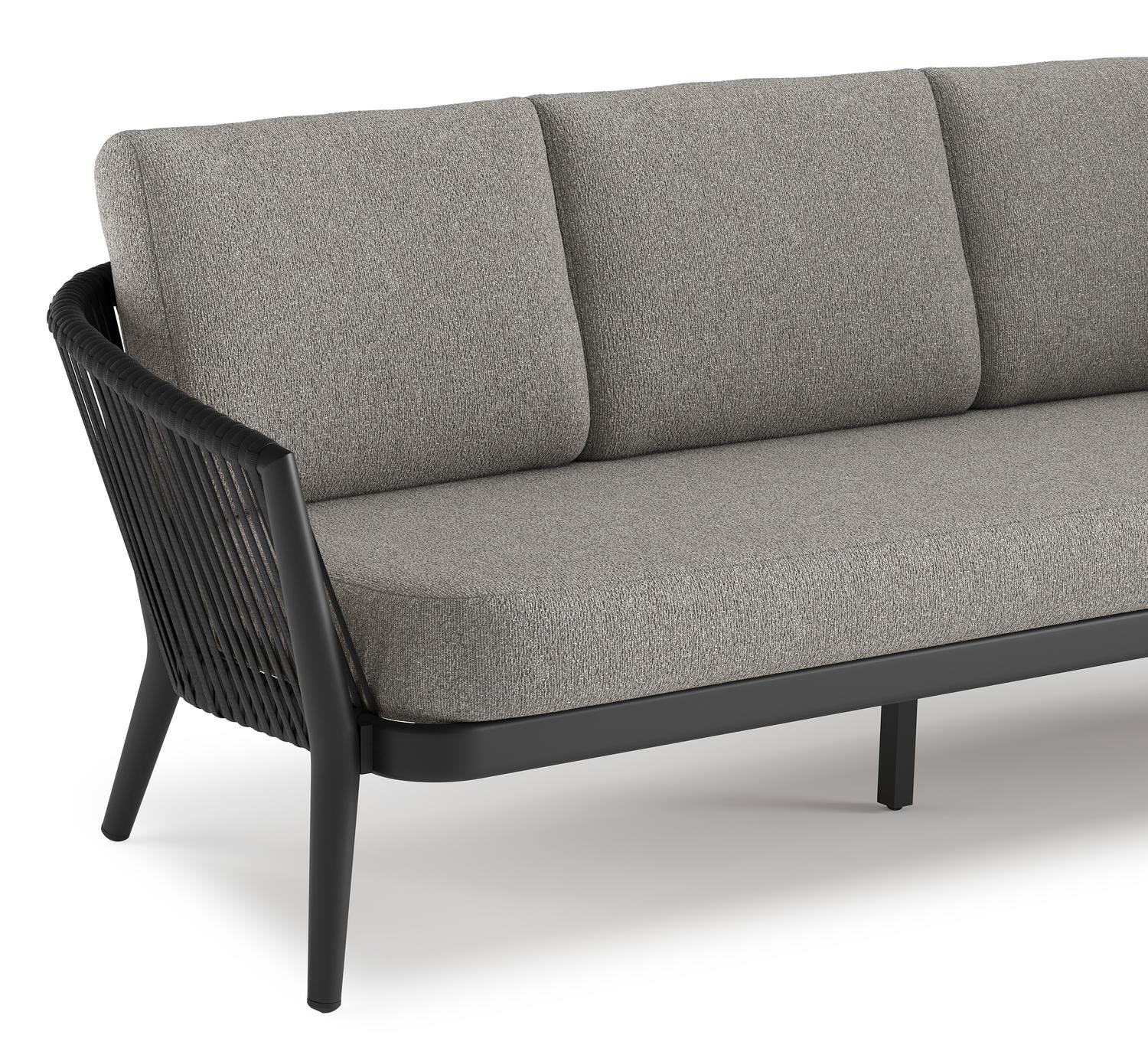 Orso loungeset in zwart aluminium en zwart verticaal geweven ronde rope met Tundra Charcoal all weather sunbrella® luxe kussen