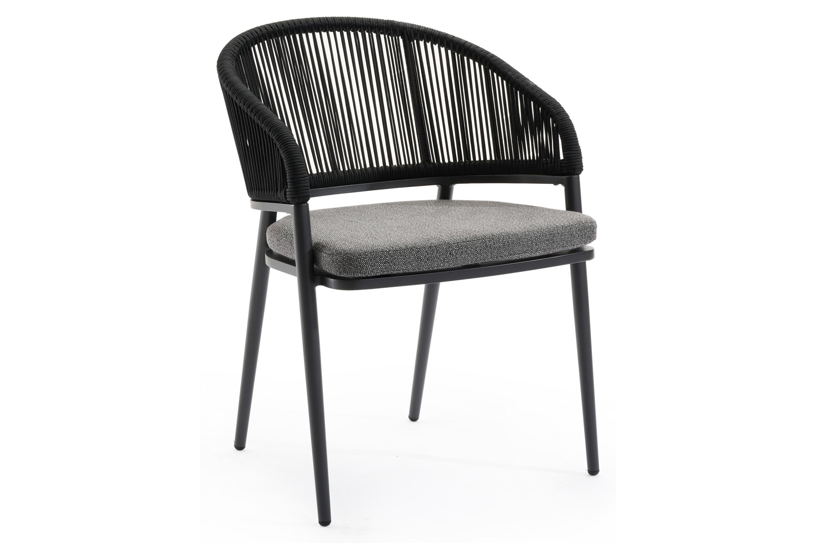 Lacrima tuinstoel in zwart aluminium en zwart verticaal geweven ronde rope met kussen in savane tornado all weather sunbrella® luxe