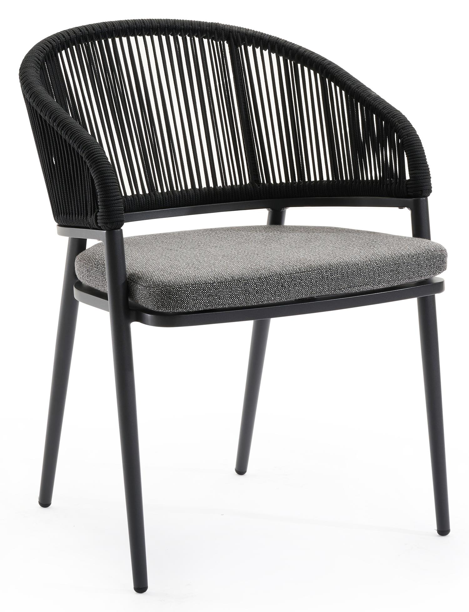 Lacrima tuinstoel in zwart aluminium en zwart verticaal geweven ronde rope met kussen in savane tornado all weather sunbrella® luxe