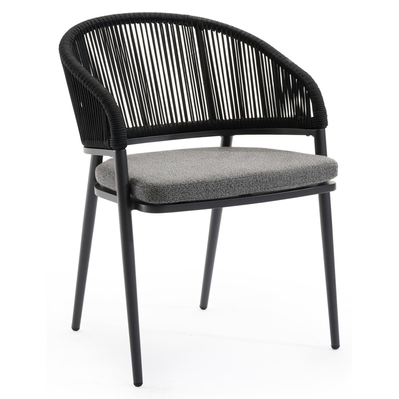 Lacrima tuinstoel in zwart aluminium en zwart verticaal geweven ronde rope met kussen in savane tornado all weather sunbrella® luxe