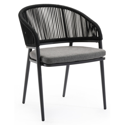 Lacrima tuinstoel in zwart aluminium en zwart verticaal geweven ronde rope met kussen in savane tornado all weather sunbrella® luxe