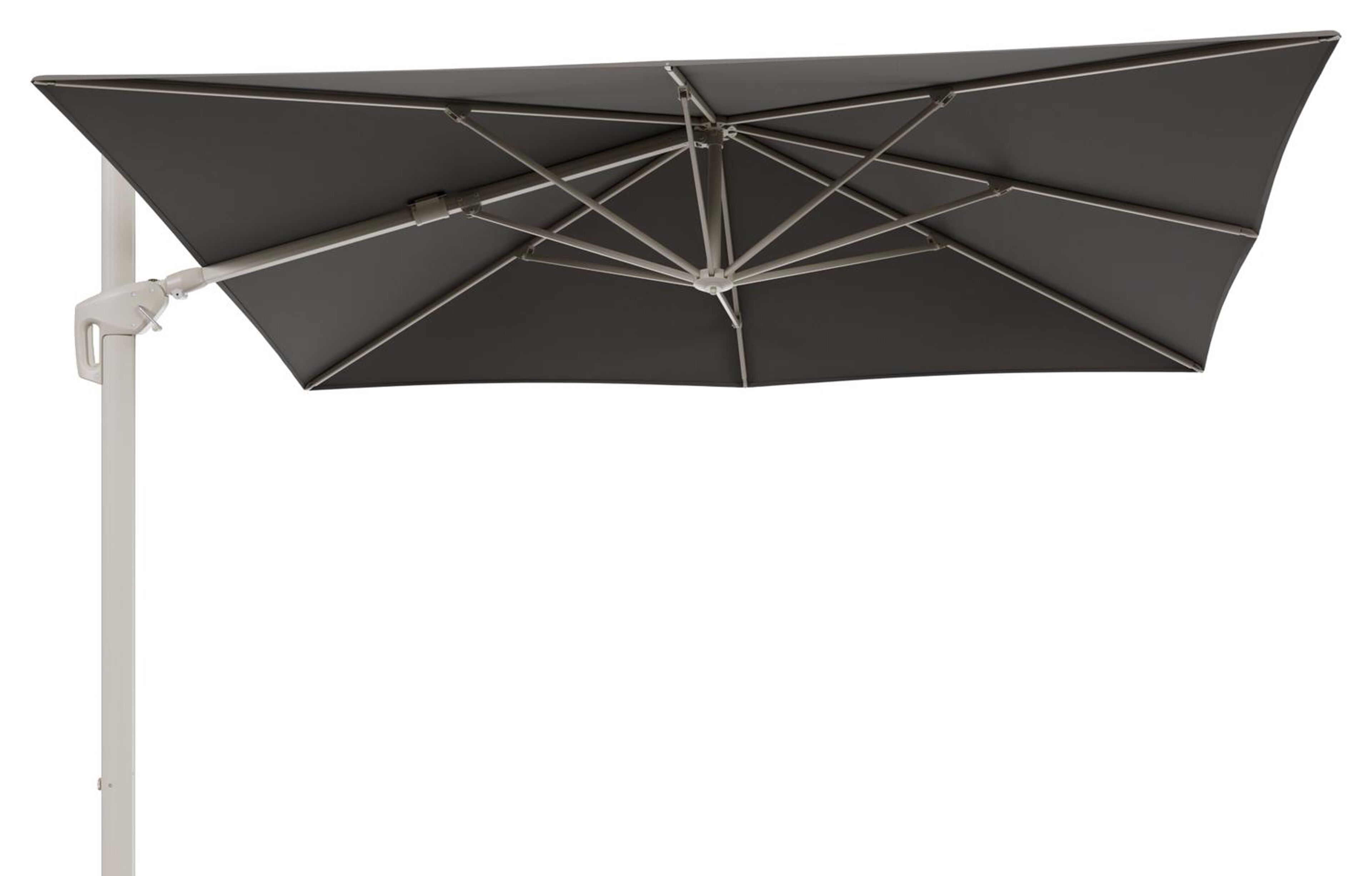 Minore zweefparasol met tiltfunctie in beige aluminium en Natte Carbon beige All Weather Sunbrella® Luxe parasoldoek - L1: 280 x L2: 370 cm (zonder voet)