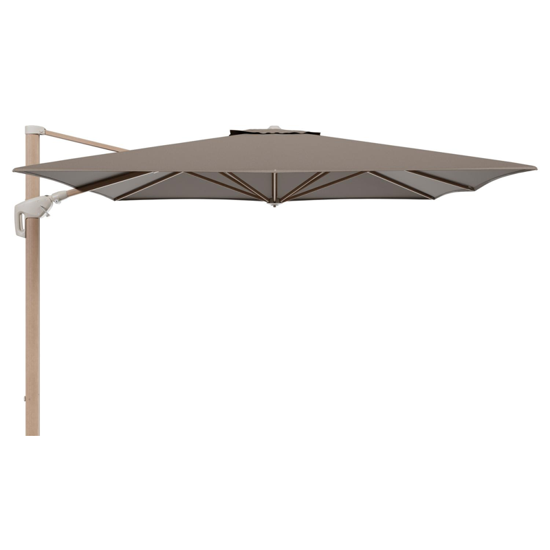 Minore zweefparasol met tiltfunctie in houtlook aluminium en Natte Heather Grey All Weather Sunbrella® Luxe parasoldoek - L1: 350 x L2: 350 cm (zonder voet) (zonder voet)