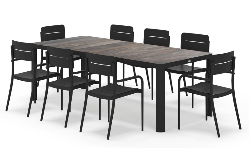 Ellara tuinset rechthoekig in zwart aluminium en keramische tegels grijs met 8 Salto tuinstoelen