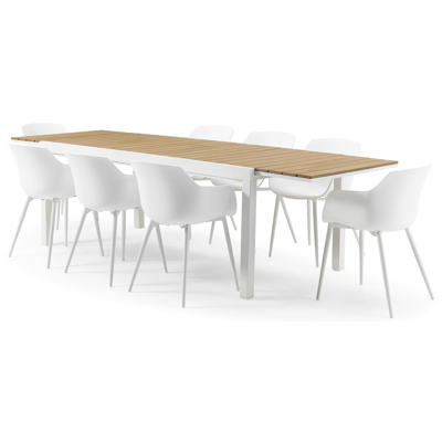 Oviedo tuinset met verlengbare tafel in wit aluminium en naturel polywood tafelblad met 8 Paco tuinstoelen
