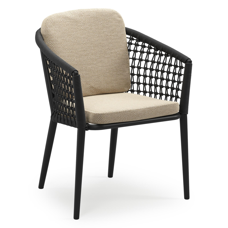 Chaise de jardin empilable Orso en aluminium noir et corde ronde tissée résille noir avec coussin en All Weather Cosytica Althea Camel