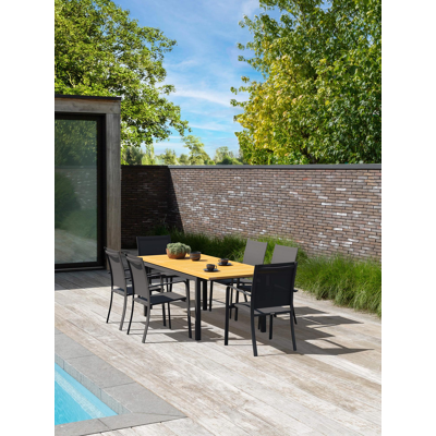 Amalfi tuinset met verlengbare tafel in zwart aluminium en teak tafelblad met 6 stapelbare Calobra tuinstoelen