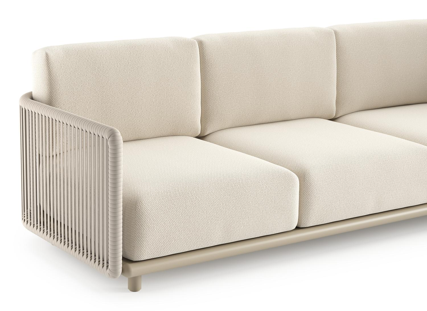 Organo loungebank in beige aluminium en beige verticaal geweven luxe vlakke rope met althea off white all weather Cosytica kussen