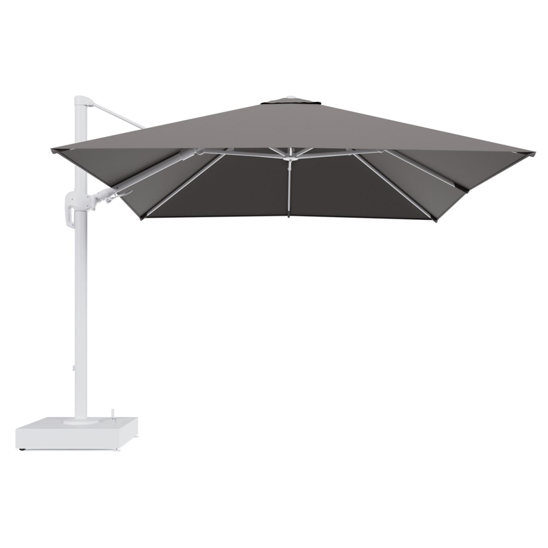 Rufina zweefparasol met tiltfunctie in wit aluminium en Natte Nature Grey All Weather Sunbrella® Luxe parasoldoek - L1 300 x L2 300 cm met parasolvoet Minore 150 kg met wielen