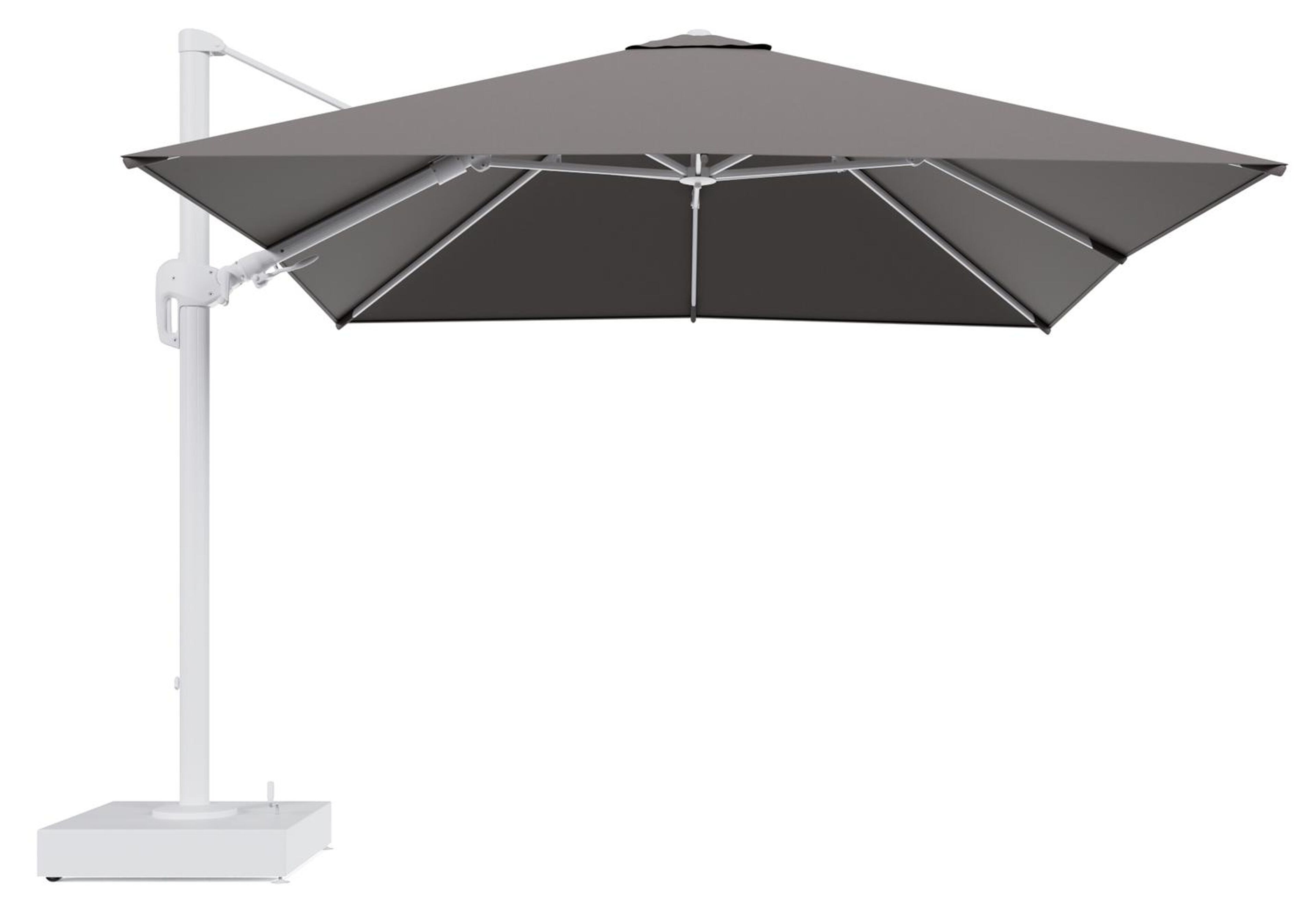 Rufina zweefparasol met tiltfunctie in wit aluminium en Natte Nature Grey All Weather Sunbrella® Luxe parasoldoek - L1 300 x L2 300 cm met parasolvoet Minore 150 kg met wielen