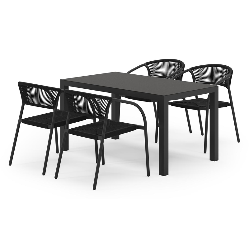 Toma tuinset in zwart aluminium en zwart sintered stone met 4 stapelbare Melo tuinstoelen
