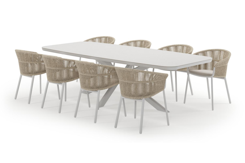 Pamplona bootvormige tuinset in wit aluminium en sintered stone crema minerale met 8 Matera tuinstoelen