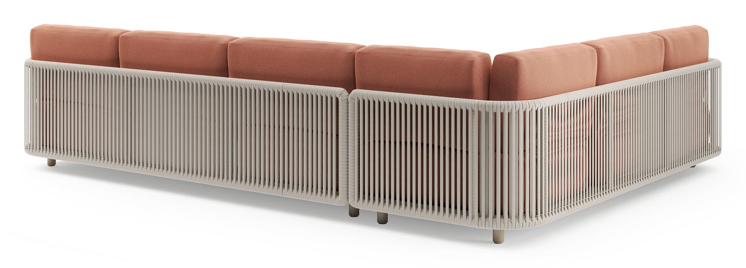 Organo loungehoek in beige aluminium en beige verticaal geweven luxe vlakke rope met heritage rust all weather Sunbrella® luxe kussen